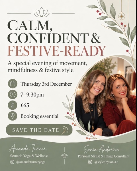 	Calm, Confident & Festive-Ready workshop flyer featuring Amanda Turner and Sonia Anderson, 3 December 2026, 7–9.30pm, £65 per person.